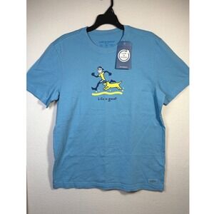 Life is Good T-Shirt Mens M Blue New Jake Running with Dog Graphic Crusher Tee